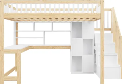 Produktbild von Flieks Etagenbett 140x200cm mit Schreibtisch & Regal, Hochbett mit LED & Schrank, Kinderbett Jugendbett mit Schubladen, Stockbett Doppelbett Holzfarbe