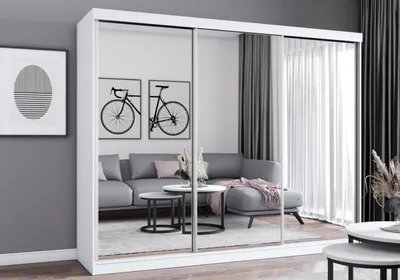 Produktbild von Easy4You MN Weiß Schiebetürenschrank Kleiderschrank 250x215x62 cm mit Spiegel - Schlafzimmermöbel, Aufbewahrung – Mehrzweckschrank mit 3 Kleiderstangen und 3 Schubladen