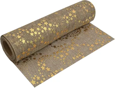 Produktbild von Tischläufer Juteoptik mit goldenen Sternen, 28 cm x 5 m, für festliche Dekoration