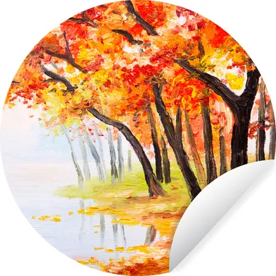 Produktbild von MuchoWow® Runde Wandtattoo - Wandsticker Tapete Aufkleber Gemälde - Herbst - Bäume - Wasser - Ölfarbe Ø 100 cm Selbstklebend und Repositionierbar - Wandaufkleber - Kreis - Tapetenkreis - Wandbild rund - Schlafzimmerdekoration - Wanddeko - runde Tapete - Kunst für zu Hause