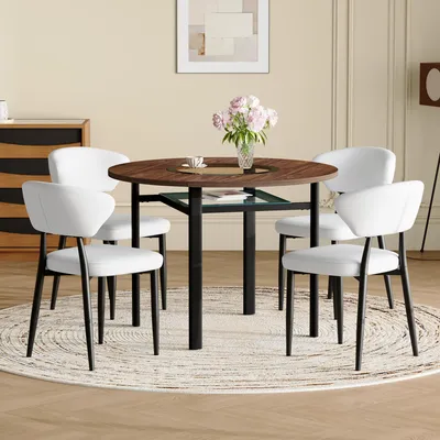 Productafbeelding van STILVORA Ronden eettafelset met 4 witte stoelen van Polyurethanmateriaal met gebogen rugleuning. Ronde eettafelsstoelen van Polyurethanmet een diameter van 100 cm, met een houten uitstraling, geschikt voor eetkamers en keukens