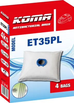 The image shows the packaging of KOMA ET35PL antibacterial vacuum cleaner bags.