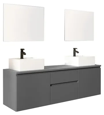 Produktbild von Waschbeckenunterschrank mit Doppelwaschbecken + Spiegel - Grau - 150 cm - JIMENA II
