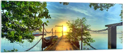 Produktbild von Bilder auf glas - See Sonnenuntergang Boot Landschaft - 140x50cm - Glasbilder - Wandbilder - Kunstdruck - Wanddekoration aus Glas - Glas Bilder - Wandbild auf Glas - GAB140x50-2573