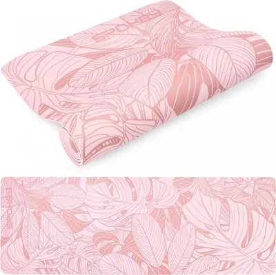 A pink yoga mat with a leaf pattern, shown rolled up and unrolled.