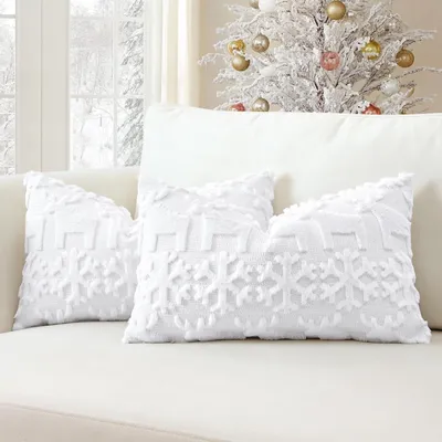Produktbild von Set mit 2 Kissenbezügen aus weicher Wolle, kurzem Samt, dekorative Kissenbezüge für Sofa und Schlafzimmer, Schneeflocken- und Elchmotiv, weiß, 30 x 50 cm