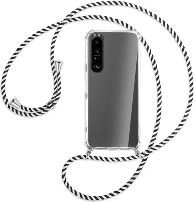 Produktbild von Handykette Backcover-Schutzhülle mit Band (Metall silberfarben) für Sony Xperia 1 III - schwarz/weiß gestreift