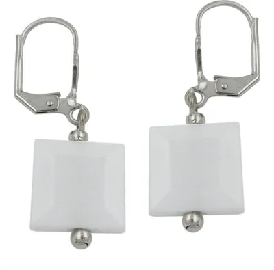 Produktbild von Ohrbrisur Ohrhänger Ohrringe 35mm silberfarben Quadrat weiß-glänzend Kunststoffperle silber 35mm
