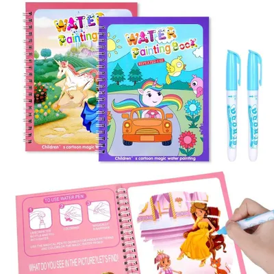 Produktbild von Wasserfarben-Malbuch Aquarellbuch Wiederverwendbar - 2 Stück - Mit Wasserpinsel - Wiederverwendbare Malfläche - Für Reise, Auto und Flugzeug
