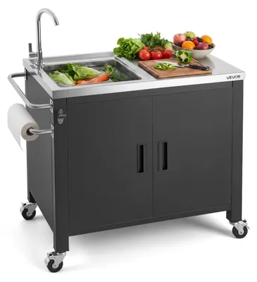 Produktbild von VEVOR Outdoor-Grillwagen mit Stauschrank & Spülbecken, 97 cm Grilltisch mit Edelstahlplatte, Gewürzablage & Handtuchhalter, Küchenwagen & Servierwagen für Terrasse, Garten, Bar & BBQ-Bereich