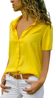 Produktbild von ASKSA Damen Bluse Chiffon Elegant Kurzarm Oberteile Einfarbig V-Ausschnitt Lose Hemdbluse T-Shirt Tops, Gelb, L