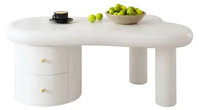 Immagine prodotto di Tavolino da caffè - Forma irregolare - 2 cassetti - Design salvaspazio - Struttura in legno - Pannello MDF - Bianco