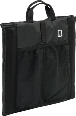 A black foldable seat with mesh pockets and handles.