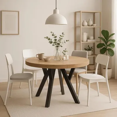 Produktbild von Dekori.Interiors Esstisch Rund PERO, Eiche Craft Golden/Schwarz, aus Buchenholz, laminierter Platte und PVC, ausziehbar Ø 90-190 cm inkl. 2x 50 cm Einlegeplatten, H 77 cm, Unterkante Arbeitsplatte 71,4 cm, Beinabstand 65 cm. Loft-/Skandinavischer Stil, extrem kratz-, stoß- und hitzebeständig, max. 60 kg Belastbarkeit.