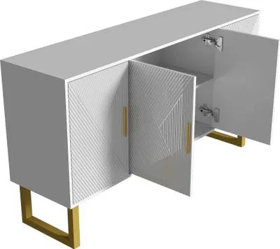 Produktbild von MODFU Kommode Sideboard mit hochglänzenden strukturierten Türen und goldenen Griffen, 4-Türen-Design, höhenverstellbare Regale für Wohnzimmer, Schlafzimmer, Weiß