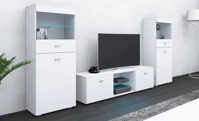 A white living room furniture set including a TV stand and two display cabinets.