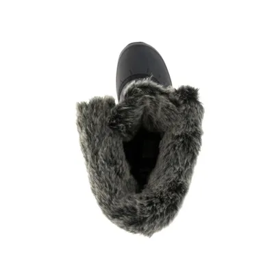 A top-down view of a black winter boot with gray fur trim.