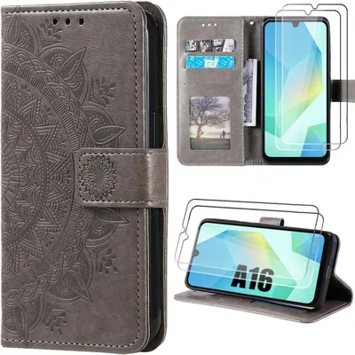 Image de Coque + 2 Verres Trempés pour Samsung Galaxy A16 4G/5G, Protection Rabat Antichoc Synthécuir Motif Exotique - Marron