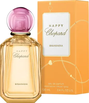 A bottle of Chopard Happy Chopard Bigaradia Eau de Parfum and its packaging are displayed against a white background.