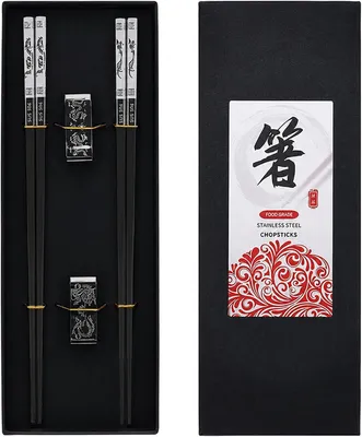 Image de 2 paires de baguettes, en acier inoxydable 304, réutilisables, avec supports pour sushis