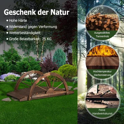 Produktbild von Holzbrücke mit Halbradgelaender, Gartenbrücke Tannenholz, Teichbrücke bis 75 kg belastbar, Dekobrücke für Garten Teich Terrasse Hof, 101 x 48,5 x 38 cm, Dunkelbraun