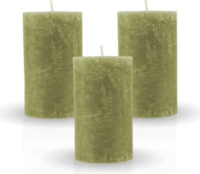 Zdjęcie produktu dla Rustykalna świeca filarowa 3-pak "Olive" vers. Kolory/rozmiary - długi czas palenia Świeca antyczna, bezzapachowa świeca ołtarzowa - świeca dekoracyjna, świeca adwentowa