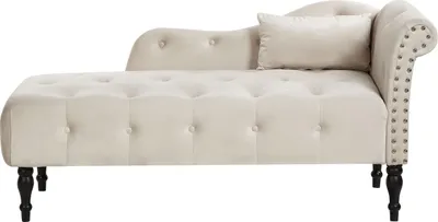 Produktbild von BELIANI Chaiselongue Rechtsseitig Hellbeige Samtstoff mit Kissen Hohe Rückenlehne Armlehnen Gedrechselte Holzfüße Nieten Knöpfe Retro Chesterfield