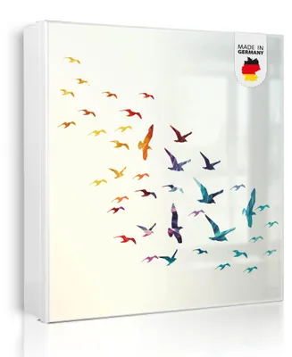 Zdjęcie produktu dla banjado metalowa szafka na klucze, duża 30x30 cm z 32 haczykami, może służyć jako tablica magnetyczna, biały korpus, zawias po lewej stronie, Fliegende Vögel [SKGW2 10738]