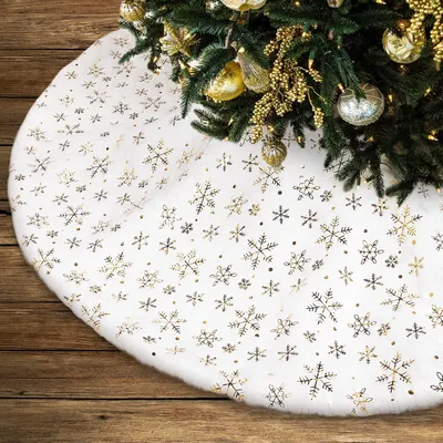 Weihnachtsbaumrock 60 cm, goldene Schneeflocken, Kunstfell, rund