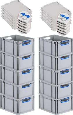 Produktbild von SuperSparSet 10x Eurobox NextGen Color mit Scharnierdeckel und Schiebeschnappverschlüssen | HxBxT 22x30x40cm | 20 Liter | Grau | Griffe blau offen | Glatter Boden | Eurobehälter, Transportbox, Transportbehälter, Stapelbehälter