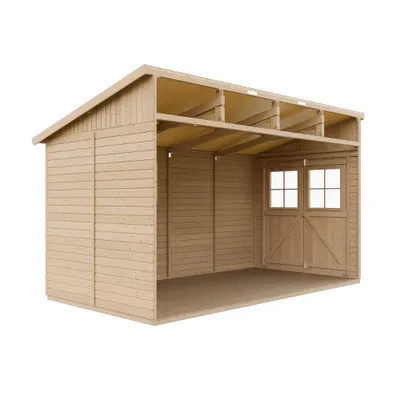 Produktbild von Holz Gartenschuppen (ohne Seitenwand) MIT IMPRÄGNIERTEM BODEN - Abstellkammer mit Fenstern - H244x211x416 cm/8 m2 - Gartenwerkstatt-TIMBELA M340+M340G