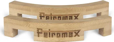 A wooden stand with the brand logo engraved on it.