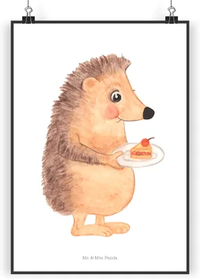 Produktbild von Mr. & Mrs. Panda Bild Igel Kuchenstück DIN A4 - Weiß - Geschenk, Wandbild, Posterdruck, Plakat, Kuchen Backen, wanddeko, Torte, Essen Spruch, Kunstdruck, Lustige Sprüche