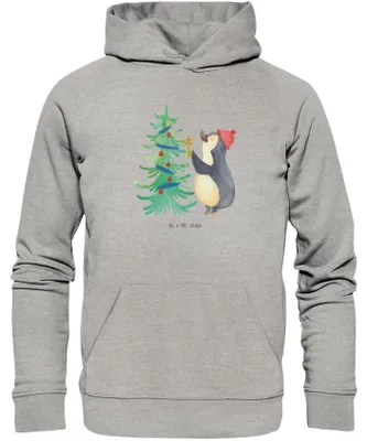 Produktbild von Mr. & Mrs. Panda Bedruckter Hoodie Pinguin Weihnachtsbaum Größe S - Heather Grey - Geschenk, Sweatshirt, Weihnachten, Pulli, mit Print, Kapuzenpulli, Pullover, Winter