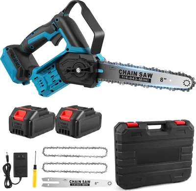 Obrázok produktu pre Mini reťazová píla – bezdrôtová elektrická reťazová píla – 20 cm reťaz – automatické mazanie reťaze – prenosná ručná píla – na rezanie dreva a stromov – modrá