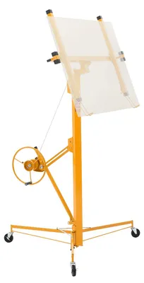 Produktbild von VEVOR Trockenbau-Rollenheber, 335,3 cm Sheetrock-Heber, 68 kg Tragfähigkeit Plattenheber-Werkzeug, Stahlmaterial mit teleskopischem Arm & 3 verriegelbaren Rädern, 121,92 x 487,7 cm Gipskarton-Größe, Gelb, 16 ft-a