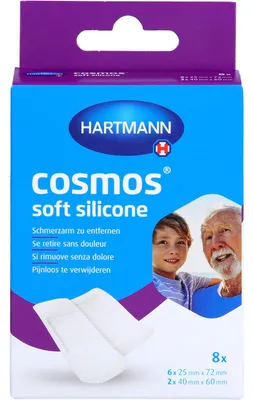 Zdjęcie produktu dla Hartmann Cosmos® Miękkie silikonowe plastry na rany, 2 rozmiary - 8 plastrów w opakowaniu (8 sztuk)