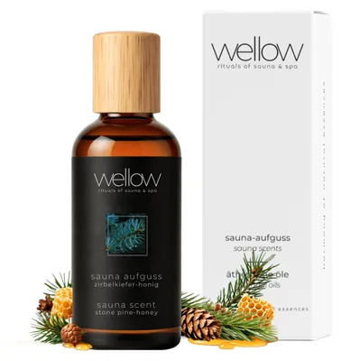 Produktbild von wellow® Sauna-Aufguss Zirbelkiefer-Honig 100 ml – Saunaaufguss-Konzentrat mit ätherischen Ölen für Sauna & Dampfbad – Germany