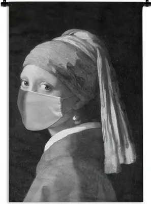 Produktbild von MuchoWow® Wandteppich Wandbehang Das Mädchen mit dem Perlenohrring und der rosa Mundhaube - Gemälde von Johannes Vermeer - schwarz-weiß 120x180 cm Tapisserie Dekoration Wandtuch - Schlafzimmer - Dekor