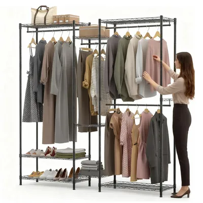 Produktbild von Kleiderständer Garderobe - Freistehender offener Kleiderschrank - Metallgestell - 9 Ablagen - 3 Kleiderstangen - Für Schlafzimmer, Wohnzimmer, Flur - Schwarz