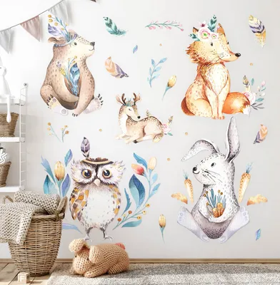 Produktbild von Boho-Tiere – Wandgestaltung – Wandbilder Kinder – Motivtapeten Set – Wanddekor Kinderzimmer – Selbstklebende Wandsticker – 80x96 cm