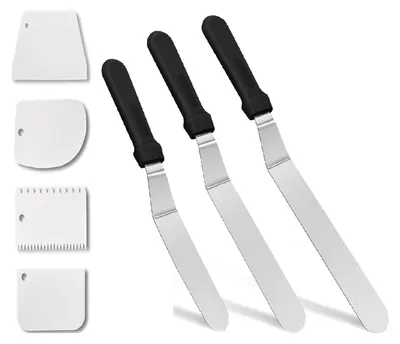 Produktbild von Winkelpalette Torte Set, 2 Stück Edelstahl Streichpaletten Verdicktes Tortenspachtel Glasurspatel mit 3 Stück Kuchenglätter-Schaber für Einstreichen Tortendeko Backen