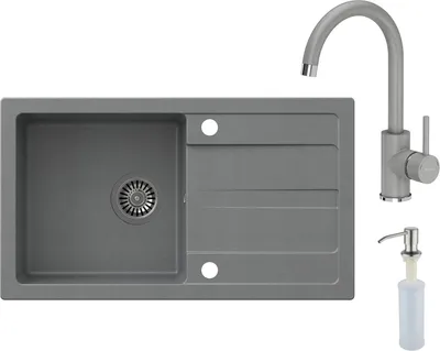 Produktbild von VBChome Spülbecken mit Armatur 77 x 44 cm Grau Einzelbecken Einbauspüle Abtroffläche Gesprenkelt Reversibel Granitspüle Siphon Spülmittelspender Armatur