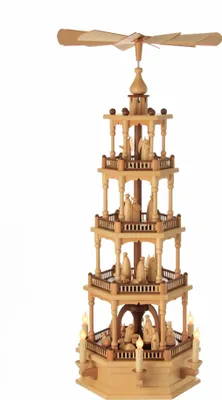 Produktbild von Vierstöckige Weihnachtspyramide aus Naturholz mit Christi Geburt – Elektrisch & indirekt beleuchtet BxHxT 40x86x40cm NEU