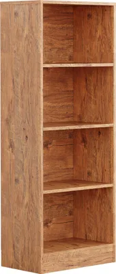 A tall, narrow, open bookshelf with four shelves, made of wood-like material.