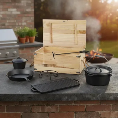 Produktbild von Dutch Oven Kochkessel Set 7 tlg. Outdoorküche Schmortopf Suppentopf Feuertopf