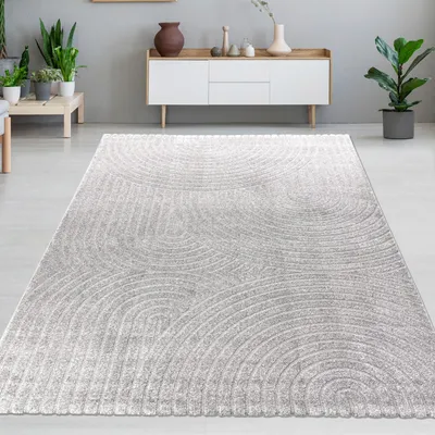 Produktbild von Design-Teppich mit minimalistischem Bogenmuster in stilvollem Grau Größe - 240 x 340 cm