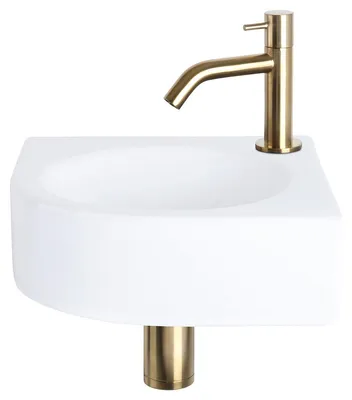 Image de Ensemble de lavabo Differnz Cleo pour toilettes invités - Lavabo sur plan 30 x 30 x 10 cm - Céramique blanche - Meuble sous-lavabo avec robinet finition or mat - Robinet courbé avec levier depour la salle de bain