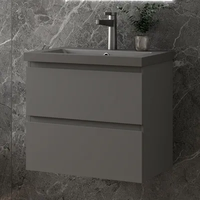 Produktbild von 60 cm Badmöbel-Set Unterschrank mit Dunkelgrau Mineralguss Waschbecken 2 Schubladen soft-close Anthrazit Matt Selbstmontierter