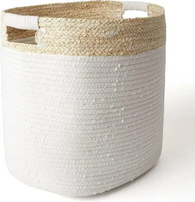 Produktbild von Unyqoos® Aufbewahrungskorb aus Baumwollseil mit Maisschale – Wäsche- & Spielzeugkorb, 40,5×33×35,5 cm, weiß-beige Muster